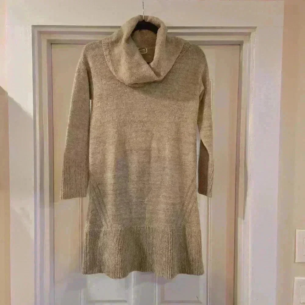 Anthropologie Cowl Neck Sweater Dress Tan Brown Size XS